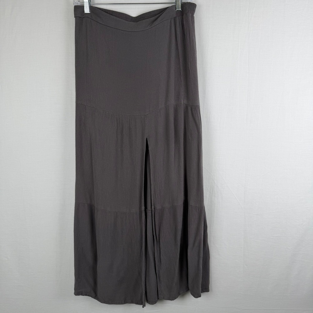 Nine West Womens Gray Crinkle Gauze Tiered Maxi Skirt Front Slit Elastic Waist M